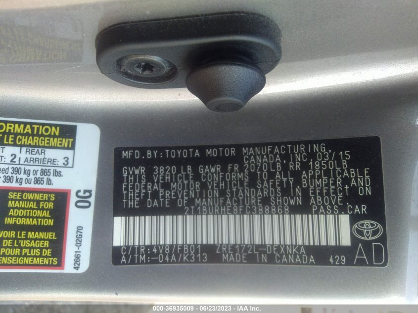 2015 TOYOTA COROLLA L/LE/LE PLS/PRM/S/S PLS - 2T1BURHE8FC388868