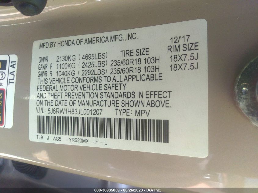 2018 HONDA CR-V EX-L - 5J6RW1H83JL001207