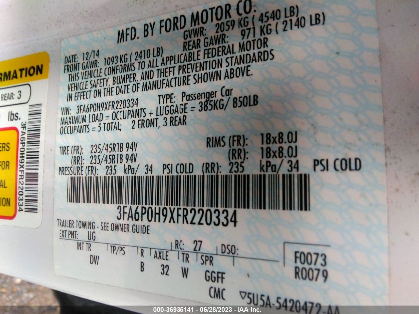 2015 FORD FUSION SE - 3FA6P0H9XFR220334