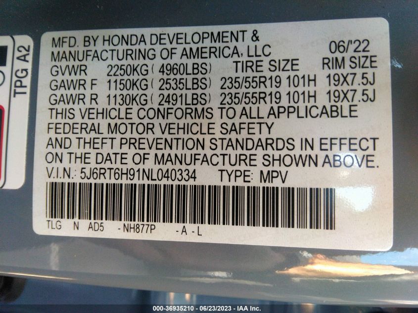 2022 HONDA CR-V HYBRID TOURING - 5J6RT6H91NL040334