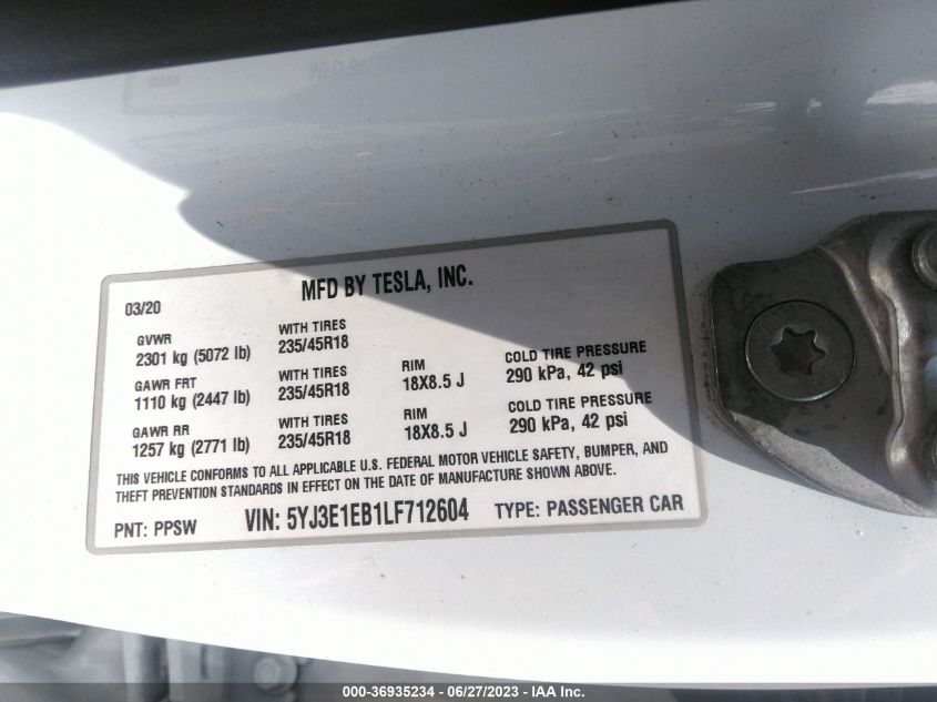 2020 TESLA MODEL 3 LONG RANGE - 5YJ3E1EB1LF712604
