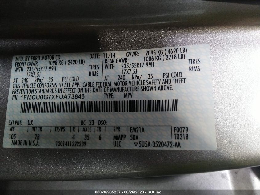 2015 FORD ESCAPE SE - 1FMCU0G7XFUA73846