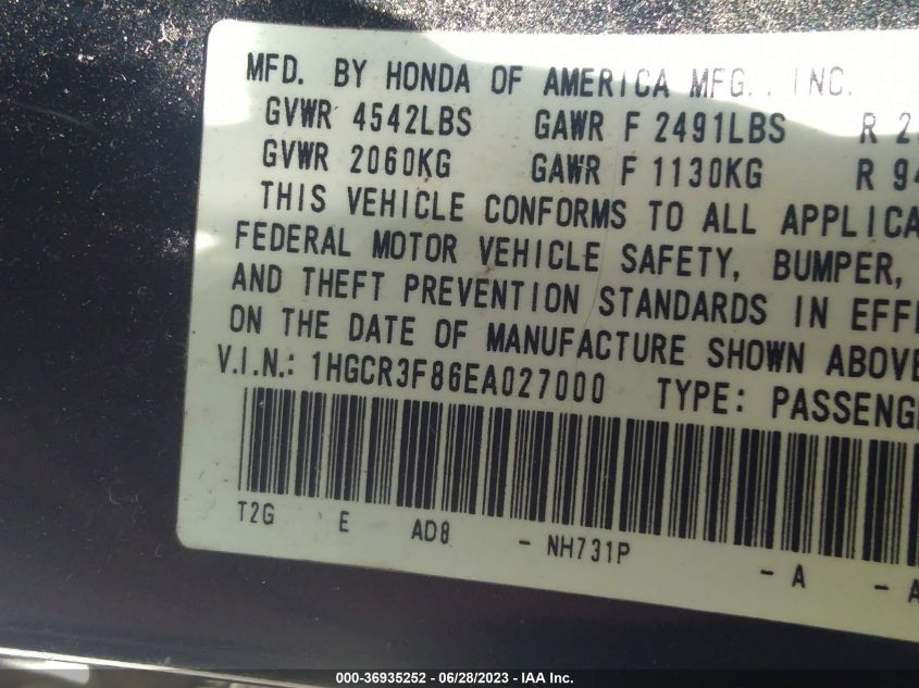 2014 HONDA ACCORD SEDAN EX-L - 1HGCR3F86EA027000