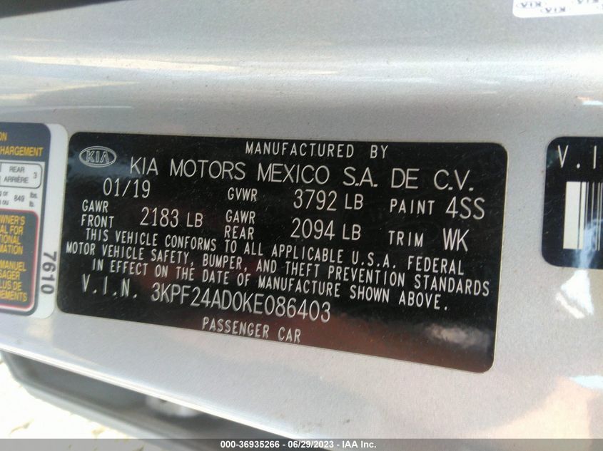 2019 KIA FORTE LXS - 3KPF24AD0KE086403