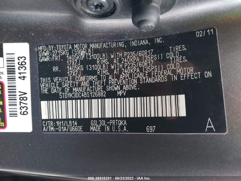 5TDYK3DC4BS126882 2011 TOYOTA SIENNA, photo no. 9