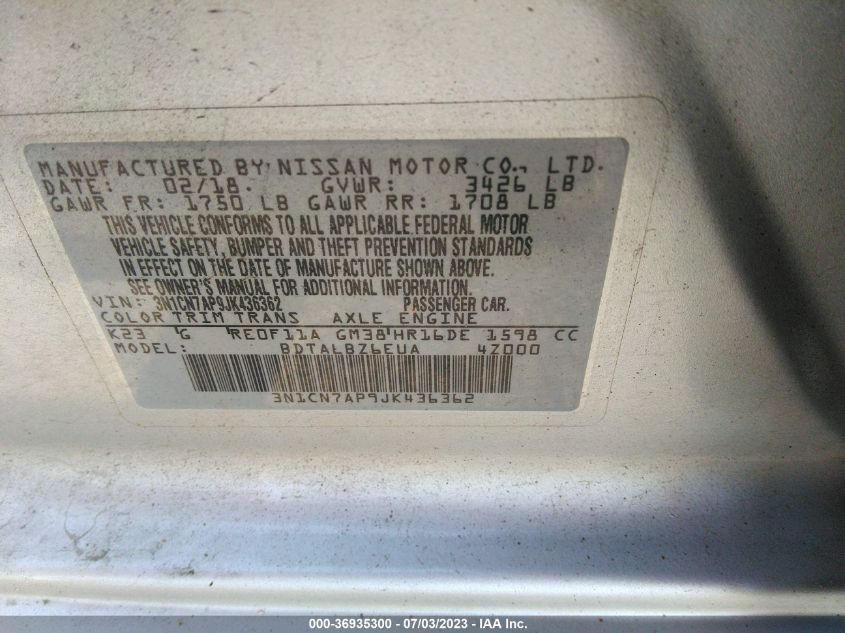 2018 NISSAN VERSA 1.6 SV - 3N1CN7AP9JK436362