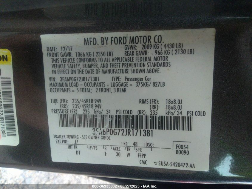 2018 FORD FUSION S - 3FA6P0G72JR171381