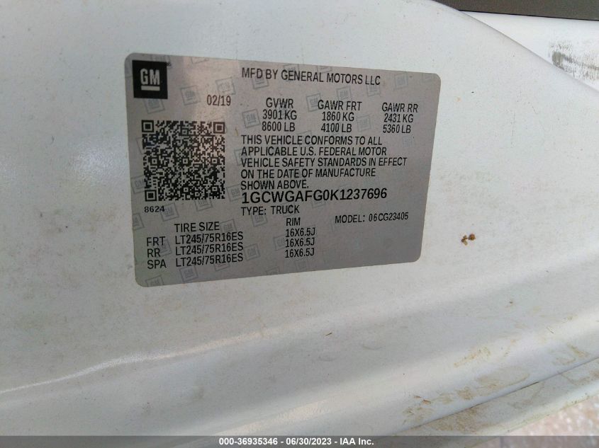 2019 CHEVROLET EXPRESS CARGO VAN - 1GCWGAFG0K1237696