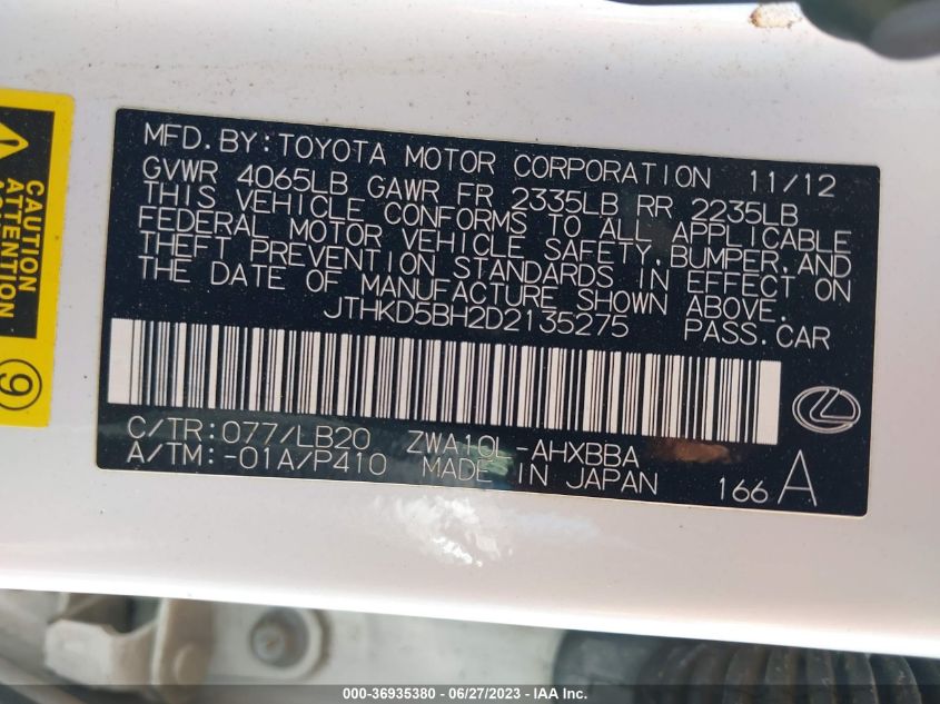 2013 LEXUS CT 200H HYBRID - JTHKD5BH2D2135275