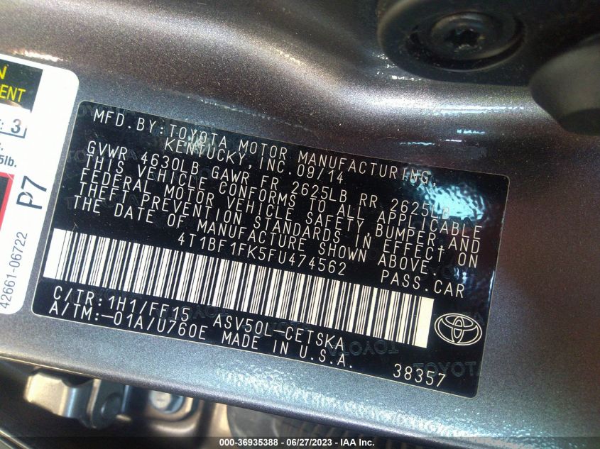 2015 TOYOTA CAMRY XLE/SE/LE/XSE - 4T1BF1FK5FU474562