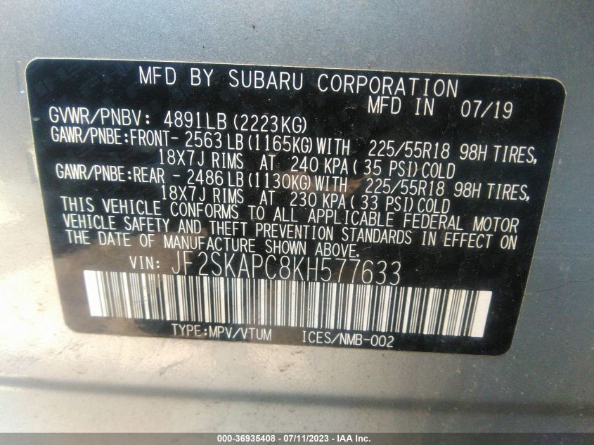 2019 SUBARU FORESTER SPORT - JF2SKAPC8KH577633