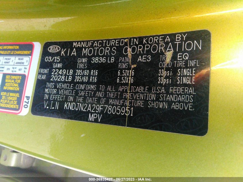 2015 KIA SOUL - KNDJN2A29F7805951