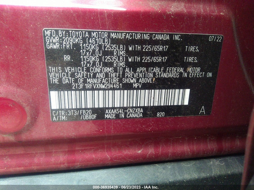 VIN 2T3F1RFVXNW294461 2022 TOYOTA RAV4 LE