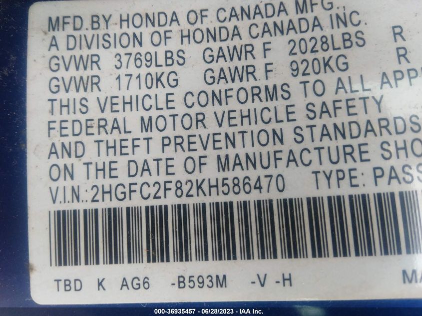 2019 HONDA CIVIC SEDAN SPORT - 2HGFC2F82KH586470