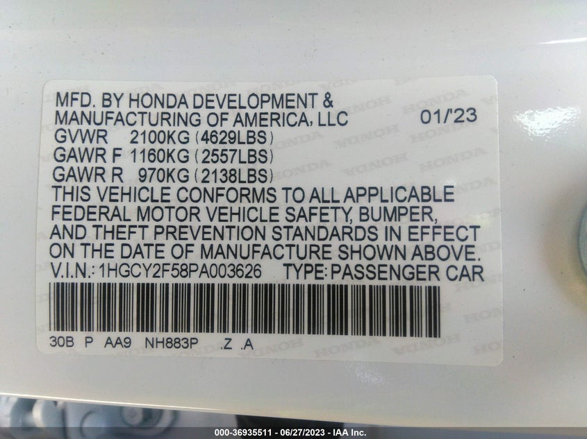 VIN 1HGCY2F58PA003626 2023 HONDA ACCORD HYBRID SPORT