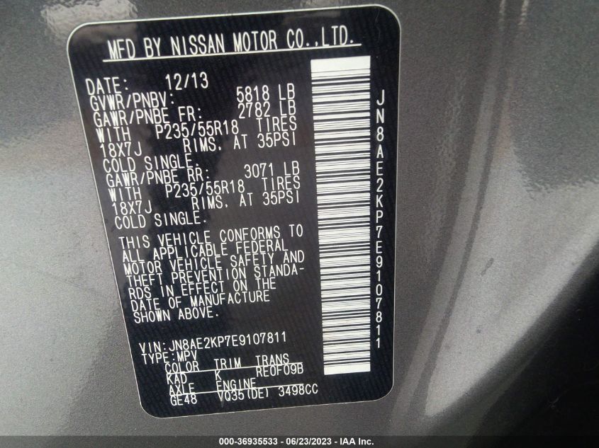 2014 NISSAN QUEST SL - JN8AE2KP7E9107811