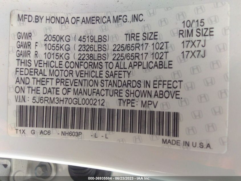 2016 HONDA CR-V EX-L - 5J6RM3H70GL000212