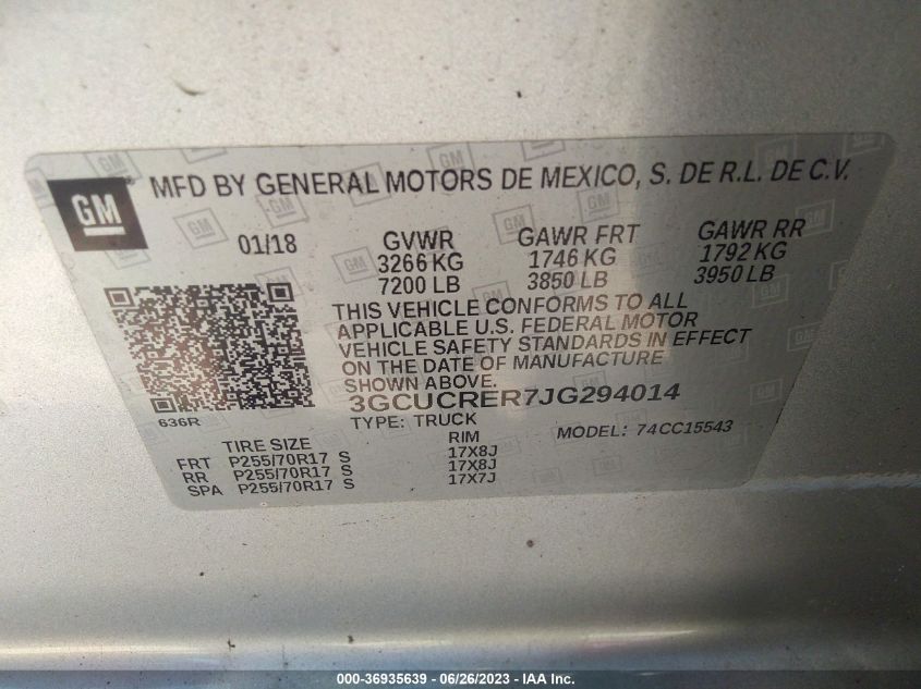 2018 CHEVROLET SILVERADO 1500 LT - 3GCUCRER7JG294014