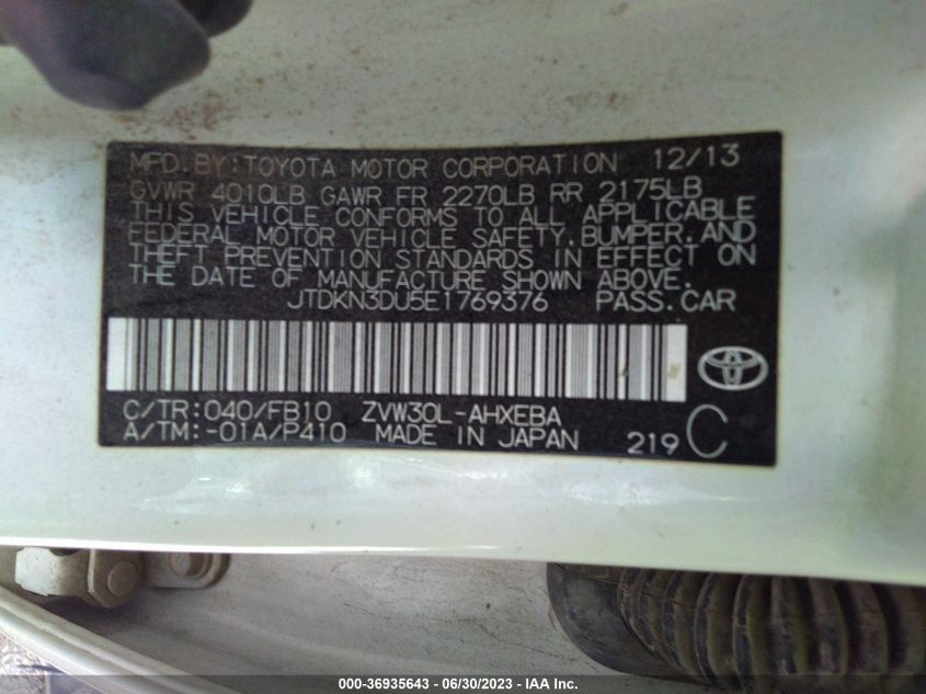 2014 TOYOTA PRIUS - JTDKN3DU5E1769376