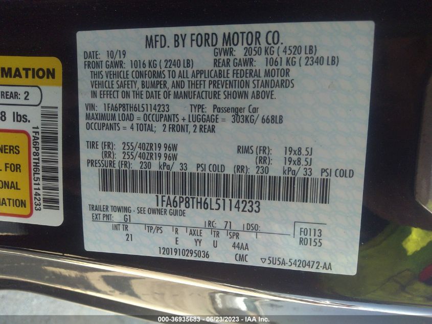 2020 FORD MUSTANG ECOBOOST - 1FA6P8TH6L5114233