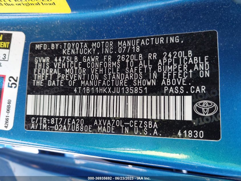 2018 TOYOTA CAMRY LE/SE/XLE/L - 4T1B11HKXJU135851
