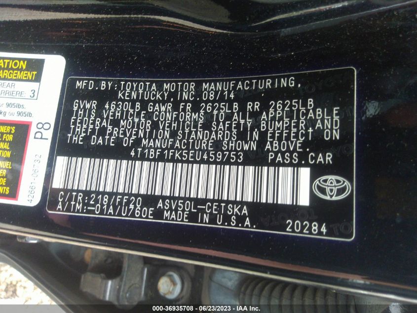 2014 TOYOTA CAMRY L/LE/XLE/SE/SE SPORT - 4T1BF1FK5EU459753