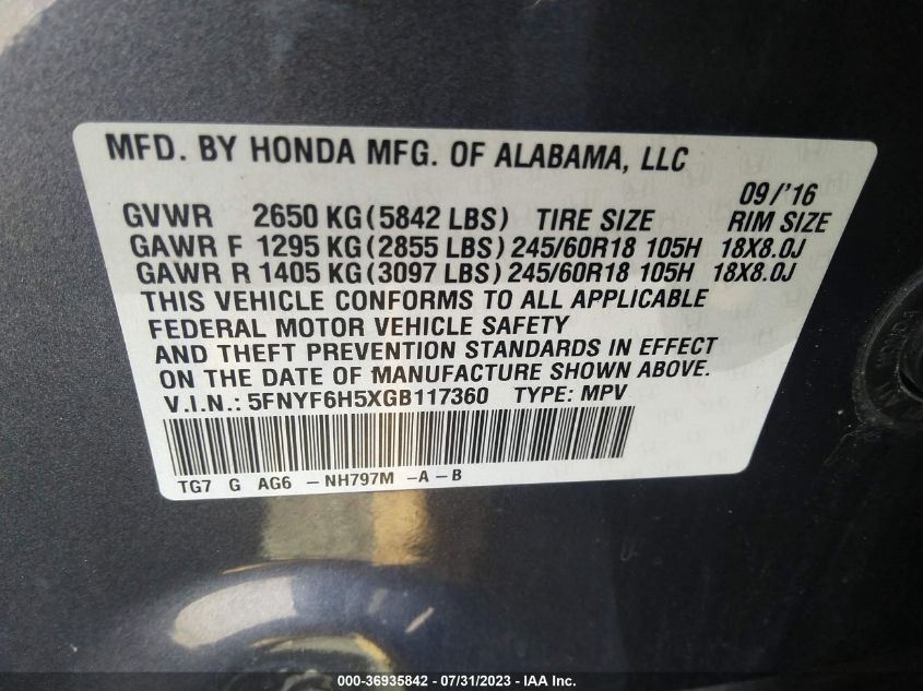 2016 HONDA PILOT EXL - 5FNYF6H5XGB117360