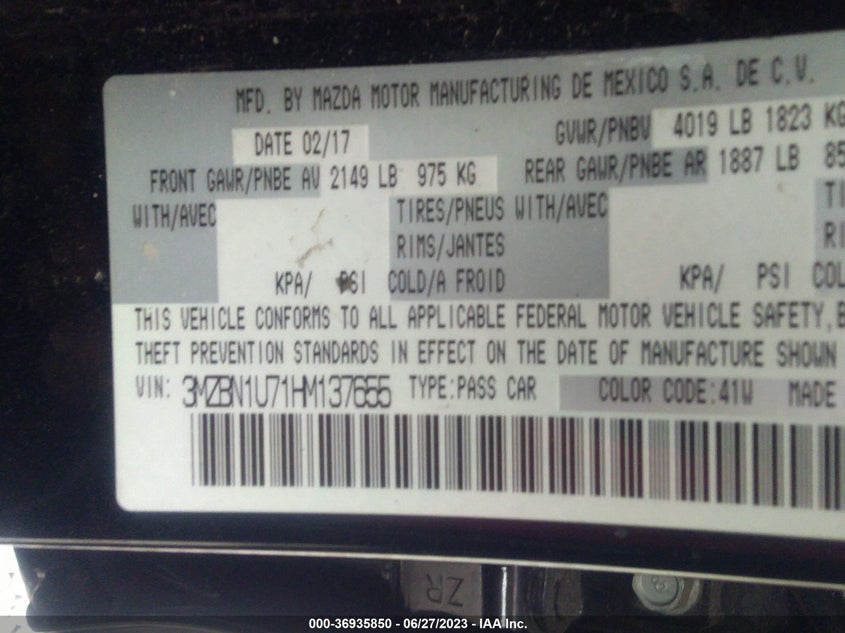 VIN 3MZBN1U71HM137655 2017 MAZDA MAZDA3 4-DOOR SPORT