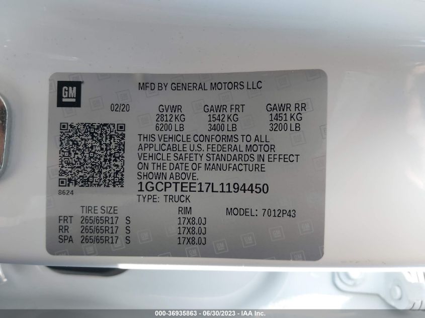 2020 CHEVROLET COLORADO 4WD ZR2 - 1GCPTEE17L1194450