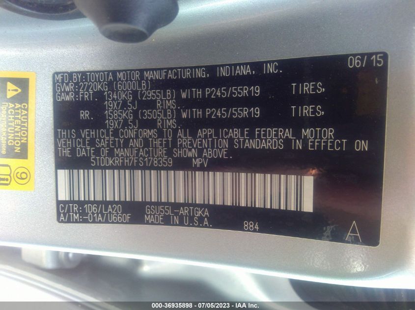 2015 TOYOTA HIGHLANDER LIMITED - 5TDDKRFH7FS178359