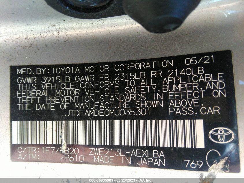 2021 TOYOTA COROLLA LE - JTDEAMDE0MJ035301