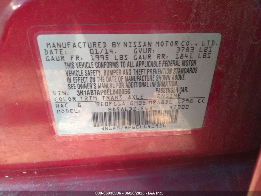 2014 NISSAN SENTRA S/FE+ S/SV/FE+ SV/SR/SL - 3N1AB7AP6EL640956
