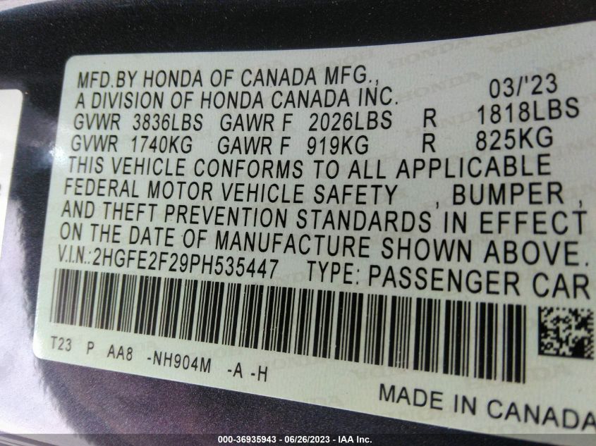 2023 HONDA CIVIC SEDAN LX - 2HGFE2F29PH535447