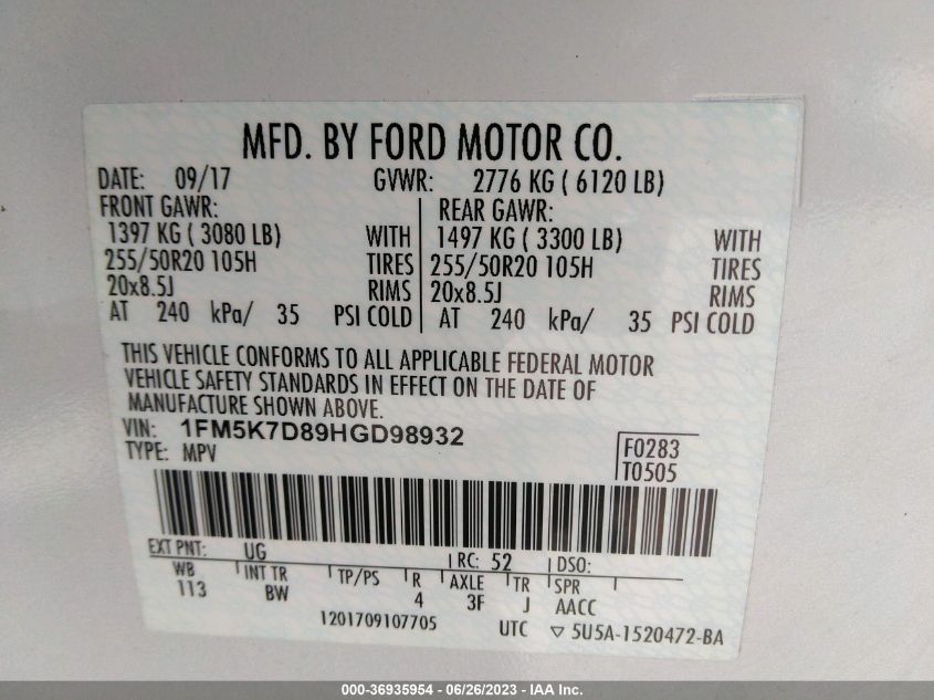 2017 FORD EXPLORER XLT - 1FM5K7D89HGD98932