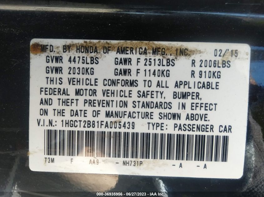 2015 HONDA ACCORD COUPE EX-L - 1HGCT2B81FA005439