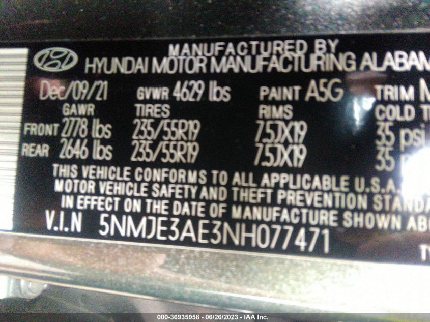 2022 HYUNDAI TUCSON LIMITED - 5NMJE3AE3NH077471