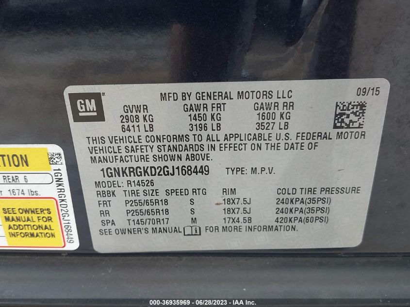 2016 CHEVROLET TRAVERSE LT - 1GNKRGKD2GJ168449