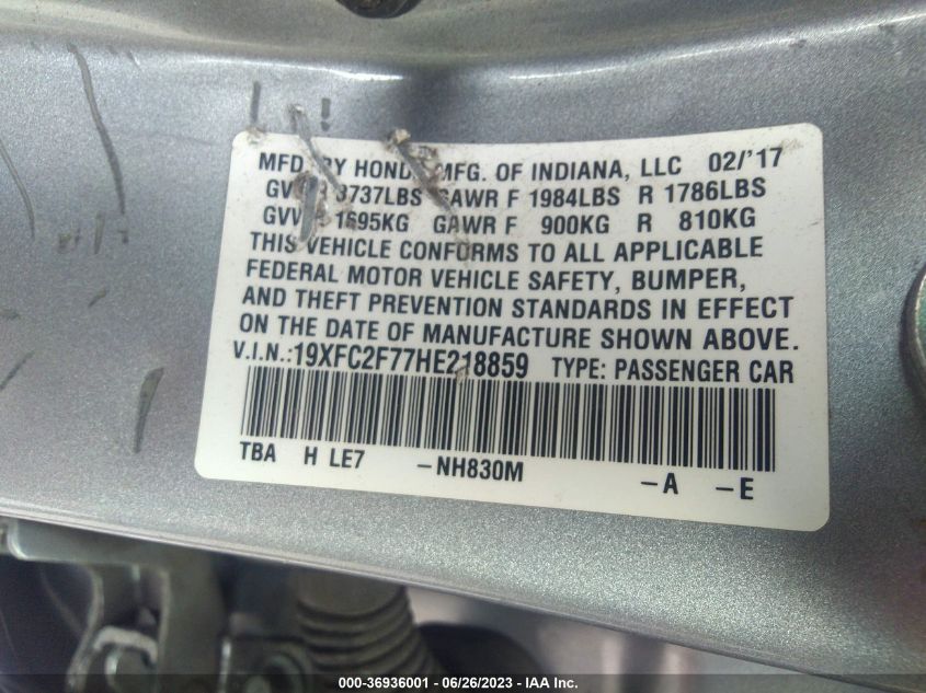 2017 HONDA CIVIC SEDAN EX - 19XFC2F77HE218859
