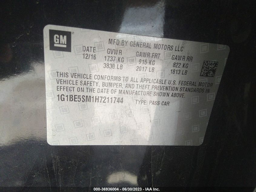 2017 CHEVROLET CRUZE LT - 1G1BE5SM1H7211744