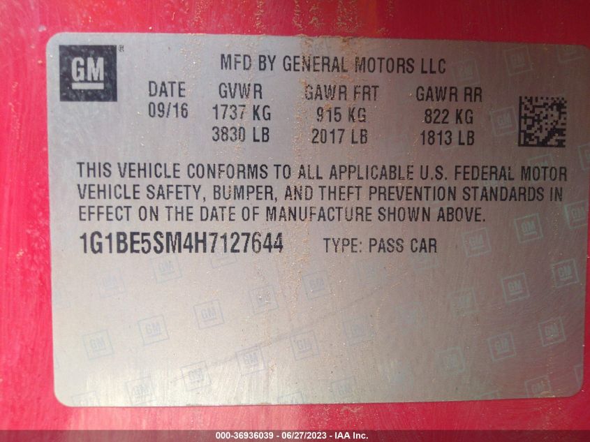 2017 CHEVROLET CRUZE LT - 1G1BE5SM4H7127644