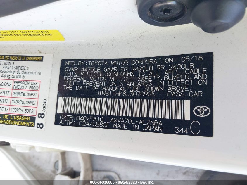 2018 TOYOTA CAMRY LE/SE/XLE/L - JTNB11HK8J3070925
