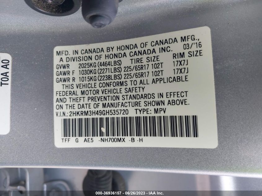 2016 HONDA CR-V SE - 2HKRM3H49GH535720