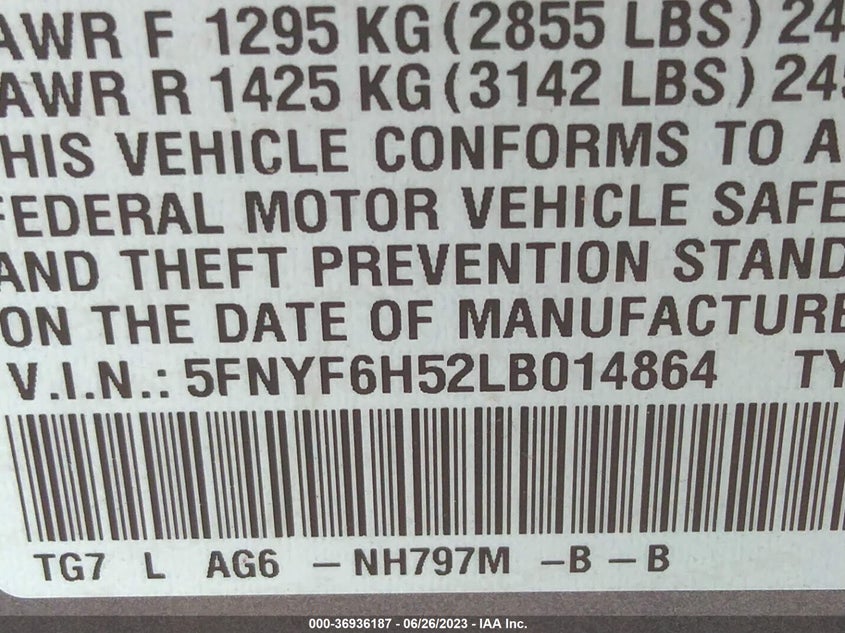 VIN 5FNYF6H52LB014864 2020 HONDA PILOT EXL