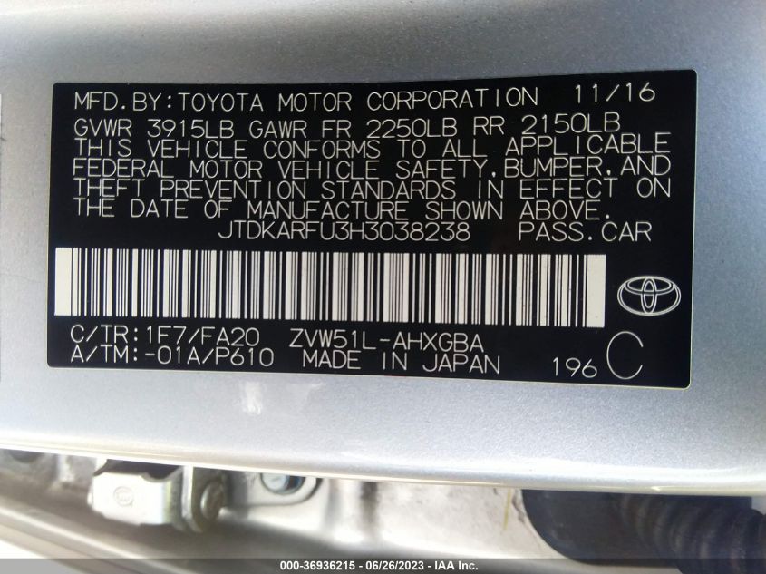 2017 TOYOTA PRIUS TWO/TWO ECO/THREE - JTDKARFU3H3038238