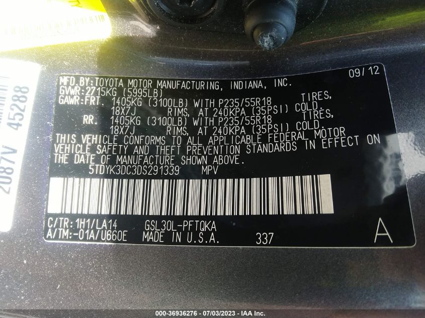 5TDYK3DC3DS291339 2013 TOYOTA SIENNA, photo no. 9