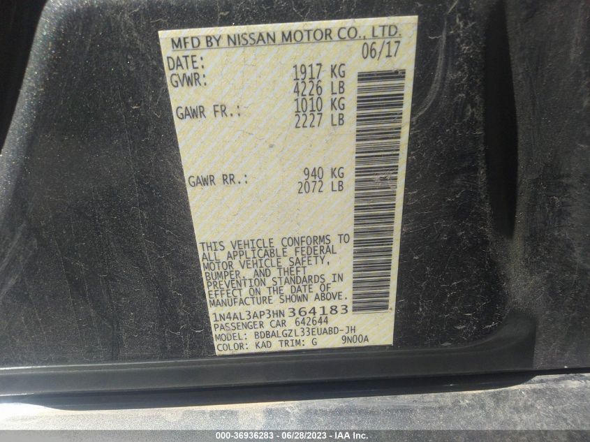 2017 NISSAN ALTIMA 2.5/S/SV/SL/SR - 1N4AL3AP3HN364183