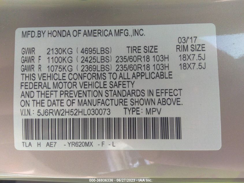 2017 HONDA CR-V EX - 5J6RW2H52HL030073