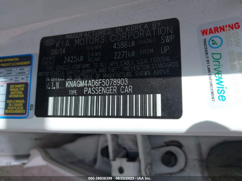 2015 KIA OPTIMA HYBRID - KNAGM4AD6F5078903