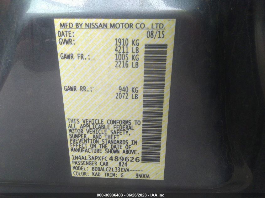 2015 NISSAN ALTIMA 2.5 S - 1N4AL3APXFC489626