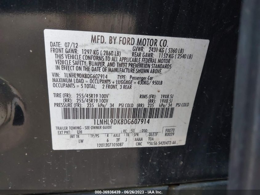 2013 LINCOLN MKS 1LNHL9DK8DG607914